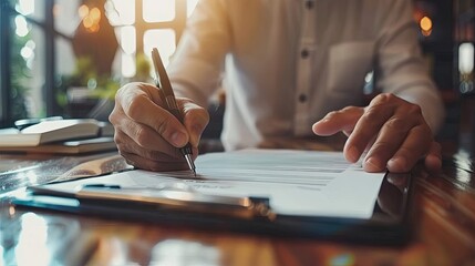 Paperless workplace idea, e-signing, electronic signature, document management. A businessman signs an electronic document on a digital document on a virtual notebook screen using a stylus pen.