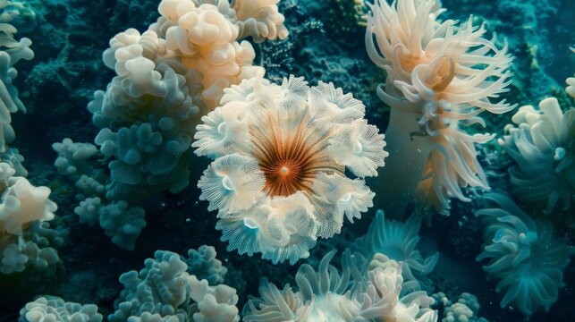 An underwater photographer captures an image of a single bleached coral formation surrounded by a sea of vibrant and untouched marine life highlighting the devastating effects
