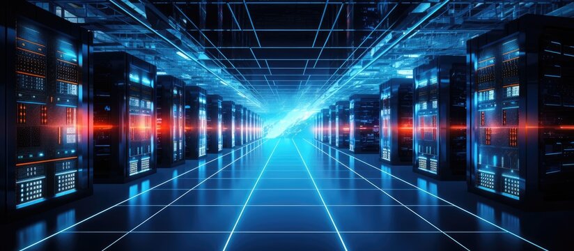 A row of servers in a data center illuminated by electric blue visual effect lighting, creating a symmetrical pattern of rectangles in parallel, showcasing advanced technology