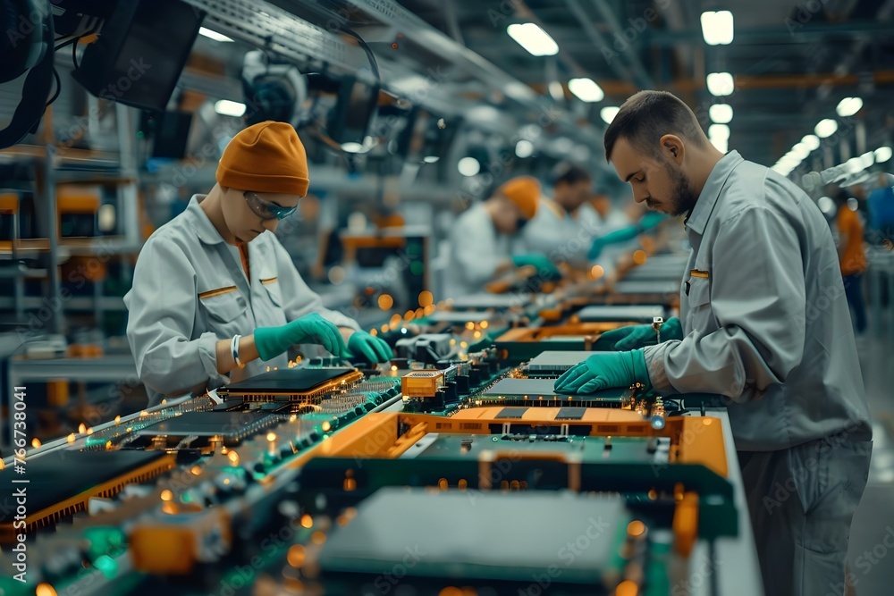 Poster workers on an assembly line in a high-tech factory manufacturing electronics and appliances. concept