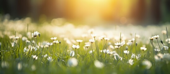The sun is illuminating the flowers in the grass, creating a stunning natural landscape in the...