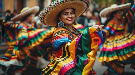 Smiling woman in traditional Mexican dress performing a folk dance, with the vivid colors and movement capturing the joy of the festival Cinco de Mayo