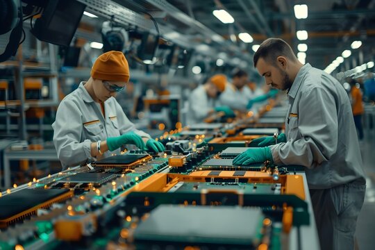 Workers on an assembly line in a high-tech factory manufacturing electronics and appliances. Concept Factory Workers, Assembly Line, High-Tech Manufacturing, Electronics, Appliances