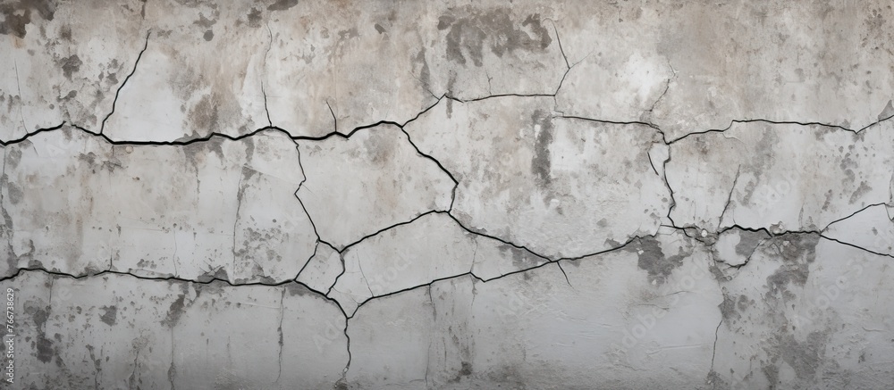 Poster capture of a close-up view of a wall showing numerous cracks and damage on its surface
