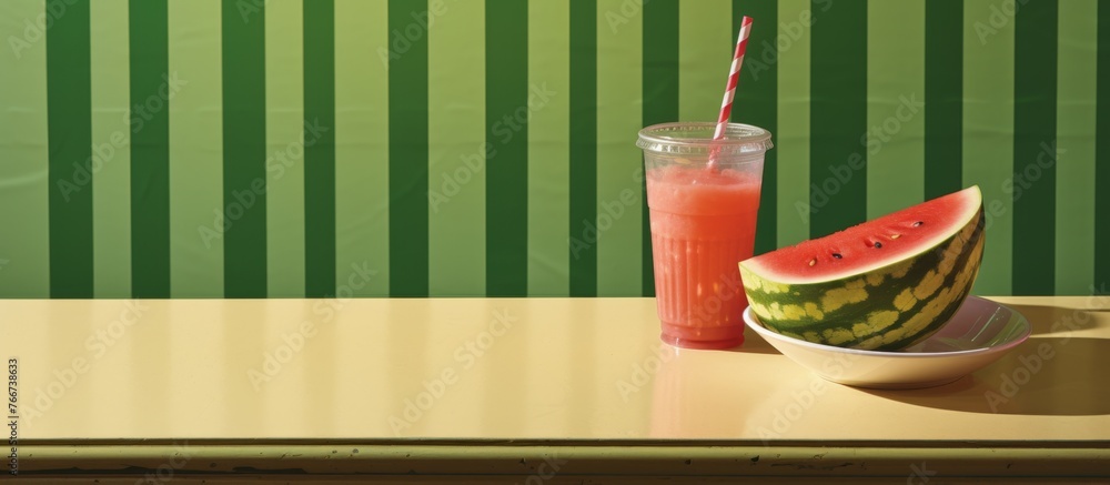 Poster a slice of red russian watermelon with a glass of refreshing watermelon juice on a table with tablew