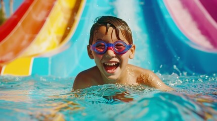 A boy wearing goggles and a big smile as he slides down a colorful water slide into a pool of crystal clear water.
