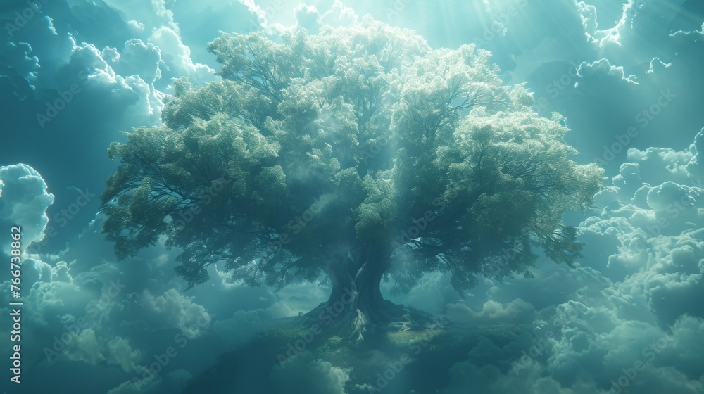 Poster a towering tree made of pure light stands tall in the center of the ethereal plane its branches reac