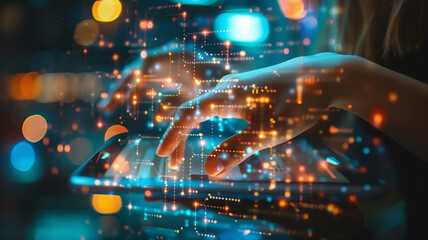 Fototapeta premium Hand Pressing a Button on a Futuristic Neon Interface Screen. 