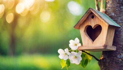 Heart-shaped birdhouse nestled in spring foliage, symbolizing love and home, against blurred outdoor backdrop. Copy space - Powered by Adobe