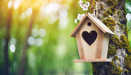 Heart-shaped birdhouse nestled in spring foliage, symbolizing love and home, against blurred outdoor backdrop. Copy space