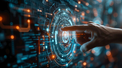 Hand Pressing a Button on a Futuristic Neon Interface Screen. 