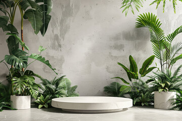 Contemporary White Podium Stage Rack front view focus with Green Stone and Tropical Leaves Background,