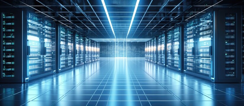 The data center building features a long hallway with rows of servers arranged in parallel symmetry, displaying a pattern of electric blue composite material rectangles