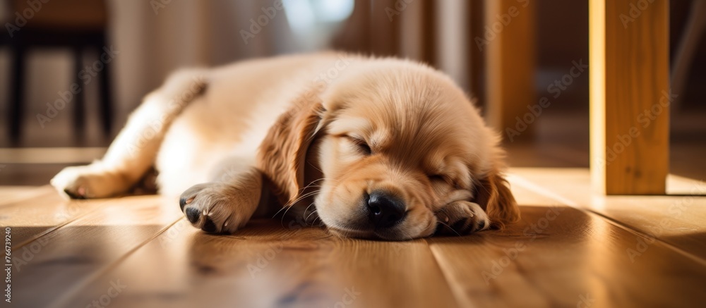 Canvas Prints A carnivore companion dog breed is peacefully sleeping on hardwood flooring next to a table, showcasing its role as a working animal and terrestrial animal