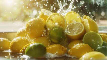 A pile of lemons and limes being splashed with water.