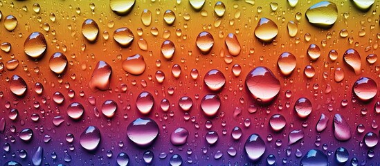 Close up view of a colorful rainbow patterned background with small water droplets adding texture and sheen