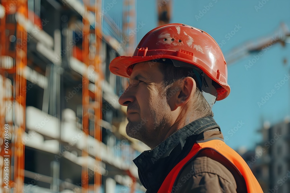 Poster construction worker in safety helmet inspecting construction site with copy space. concept construct