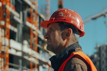 Construction Worker in Safety Helmet Inspecting Construction Site with Copy Space. Concept Construction Worker, Safety Helmet, Inspecting, Construction Site, Copy Space