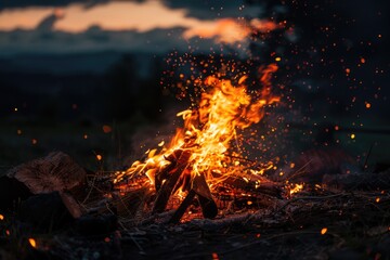 Bonfire at night. Flames of fire against cloudy sky at sunset. Campfire in the country. AI Generated