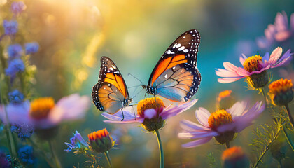 Fototapeta na wymiar butterflies on flowers in a garden backlight, symbolizing beauty and transformation