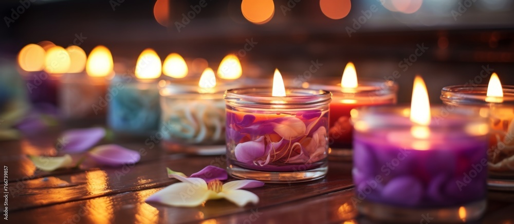 Poster an array of lit candles in shades of purple and magenta placed on a wooden table, emitting warmth an