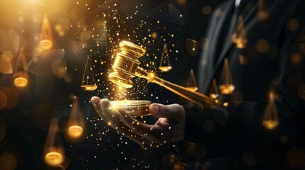 Court of Law and Justice Trial Session Imparcial Honorable Judge Pronouncing Sentence, striking Gavel. Focus on scales of justice ,Mallet, Hammer. Attorney lawyers in the digital consultant. hologram. - obrazy, fototapety, plakaty