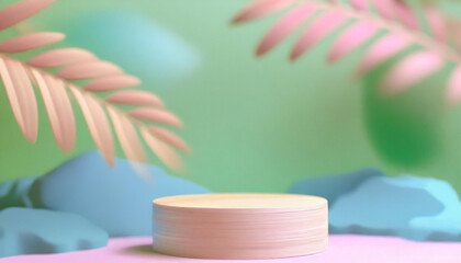 Podium with tropical pastel leaves for product presentation and on background. Generative AI