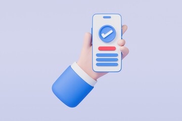 3D Blue business hand holding mobile phone with check mark on smartphone screen icon. Completed task, done payment. Business concept. Minimal cartoon isolated on purple background. 3D rendering.