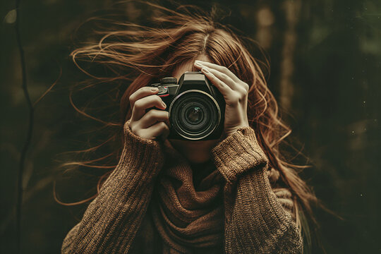 Redhead woman photographer behind the camera