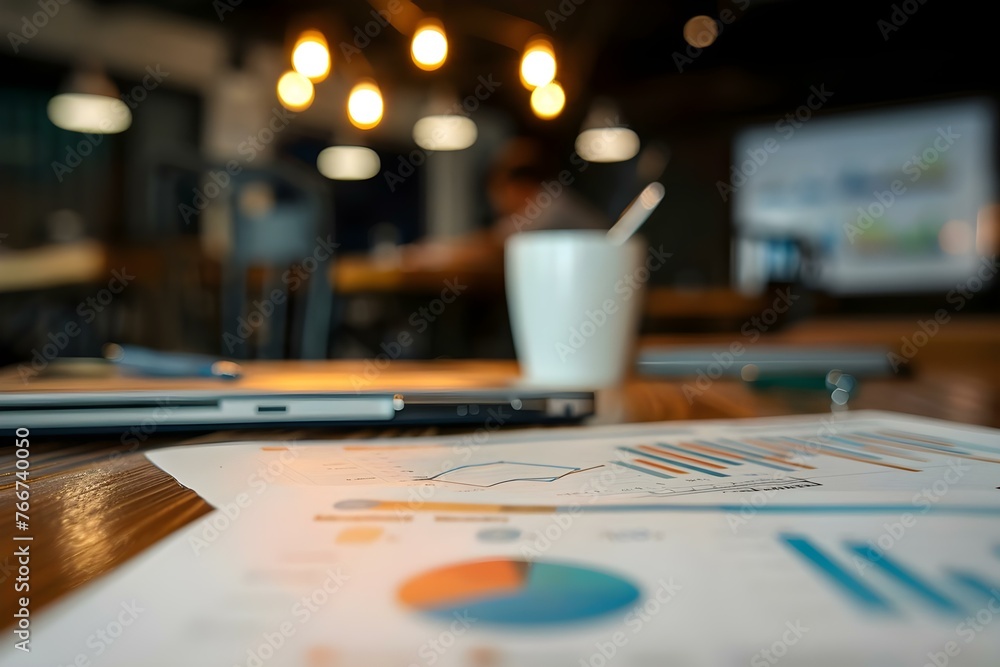 Poster analysts studying financial data and marketing strategy with bi dashboard paper format graphs and ch