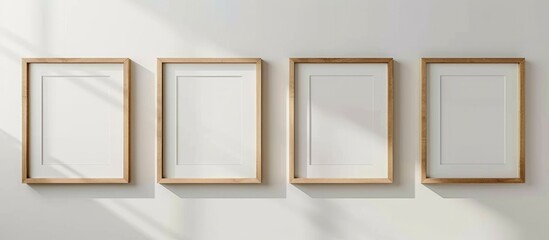 Four square frames with mats, displayed on a white wall. Wooden frame design with a modern, minimalist look for showcasing text or products in an indoor setting.