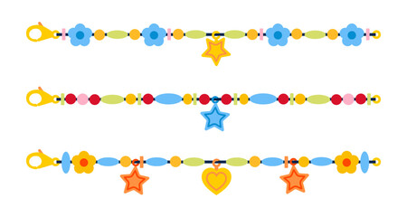 Set of beads bracelets. Cartoon cute bracelets made of colorful beads. Children's plastic jewelry on wrist.Friendship retro bracelets isolated on white background. Kid's jewelry - obrazy, fototapety, plakaty