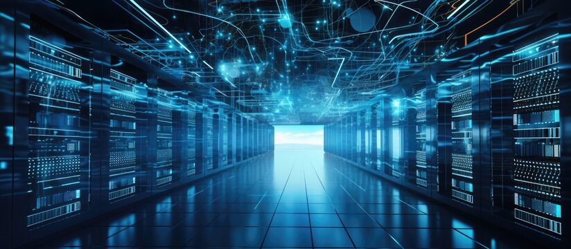 A dark hallway in the data center with parallel rows of servers, creating a symmetrical pattern. The servers glow in electric blue, resembling rectangles in the water