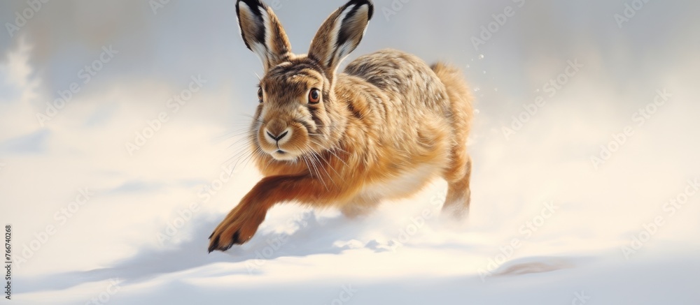Poster a fawn brown hare is darting through the snowy terrain, its snout twitching with excitement. the flu