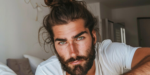 handsome man with a beard and long hair in a white shirt, generative AI