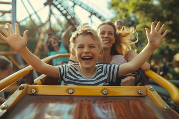Thrilling rollercoaster ride at an amusement park brings joy to two kids and their mom. Concept Amusement Parks, Rollercoaster Rides, Family Fun, Thrills and Excitement, Parenting Moments