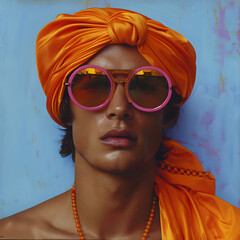 A man with a vibrant orange turban and stylish pink sunglasses accentuating his forehead, hair, face, nose, lips, and chin, showcasing his unique fashion sense and vision care - obrazy, fototapety, plakaty