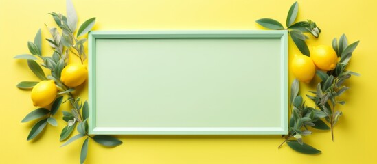 Fototapeta premium A green rectangle picture frame with lemons, olive branches, and ananas on a yellow background. The font is bright green, adding a pop of color to the room