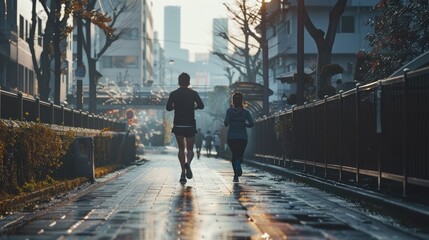Sporty couple jogging outdoors in the city in the morning, back view. Healthy lifestyle. AI Generated - obrazy, fototapety, plakaty