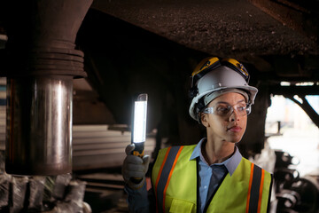 Portrait of railway technician worker in safety vest and helmet working with blueprint at train repair station