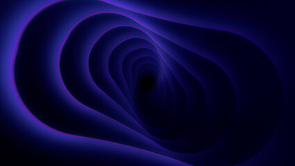 Abstract magic energy dark purple lines twirl in space. Abstract minimalistic luxury vortex energy flows. Glowing rays move along a geometric tunnel surface.