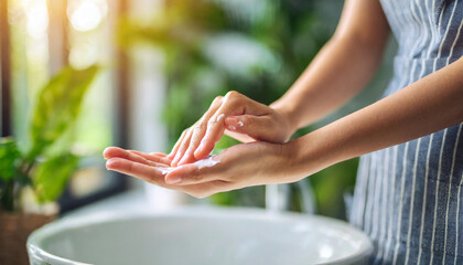 woman's hand applying lotion, symbolizing self-care, hydration, skincare routine