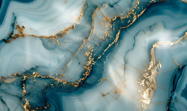 abstract background, blue and white marble texture background with cracked gold details, Generative AI
