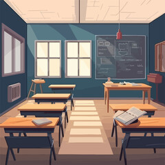 Nobody school classroom interior with teachers desk