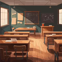 Nobody school classroom interior with teachers desk