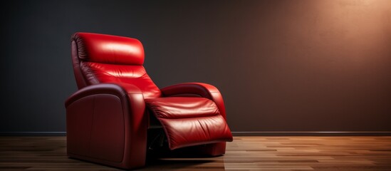 A red leather recliner with armrests sits on a hardwood floor in a dimly lit room, creating a comfortable and stylish seating option - obrazy, fototapety, plakaty