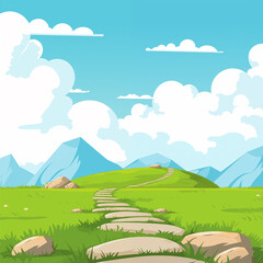 Fototapeta premium Hand drawn cartoon spring meadow landscape illustration 
