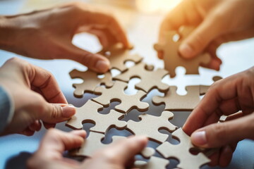 Hands join puzzle pieces,  putting the jigsaws team together, business concept