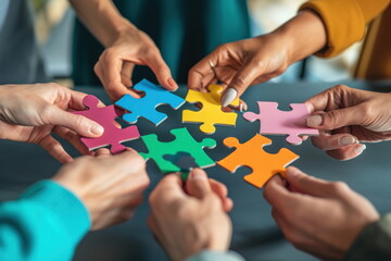 Hands join puzzle pieces,  putting the jigsaws team together, business concept