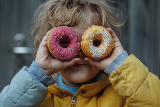 A child holds two donuts and shields it over his eyes